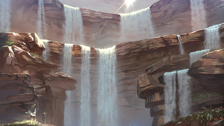waterfalls digital wallpaper, water, waterfall, rock, artwork, nature, HD wallpaper
