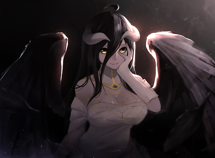 woman with black wings wallpaper, girl, smile, wings, web, anime, art, horns, albedo, overlord, ariini the, HD wallpaper