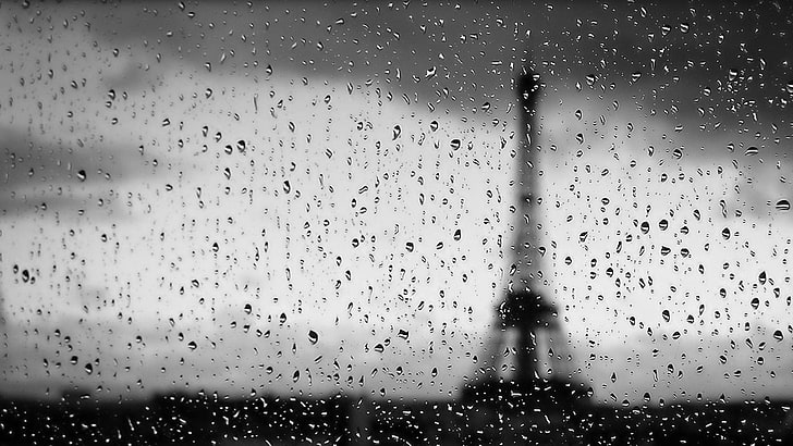 برج إيفل ، باريس ، المدينة ، برج إيفل ، باريس ، فرنسا ، أحادية اللون ، قطرات الماء ، الزجاج، خلفية HD