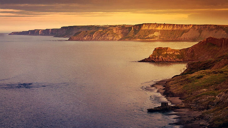 brown and green island, landscape, nature, coast, cliff, sea, dusk, HD wallpaper