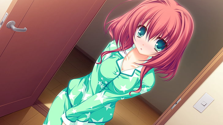 red-haired female anime character illustration, mikagami mamizu, lunaris filia, hayama mai, girl, pajamas, pose, door, HD wallpaper