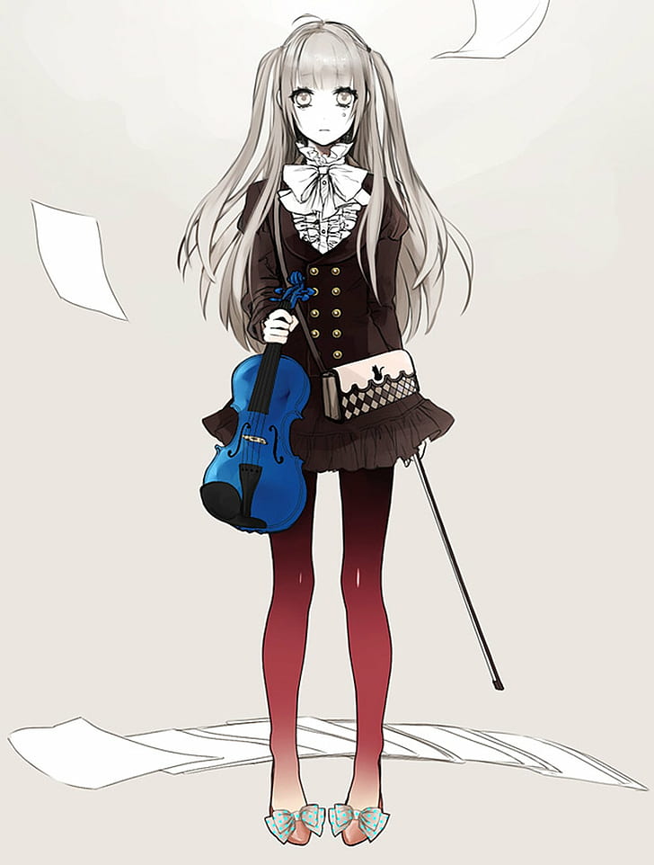 beautiful, blue, dress, girl, hair, long, music, sheet, violin, HD wallpaper