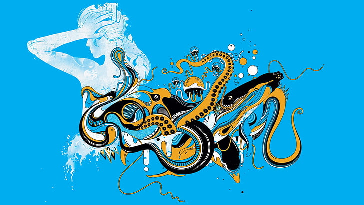 graphic design, calamari, meduse, donne, surreale, blu, Sfondo HD