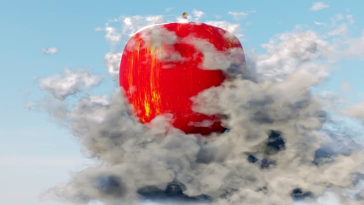 red apple, clouds, 3D Abstract, abstract, 3D graphics, Blender, procedural generation, HD wallpaper