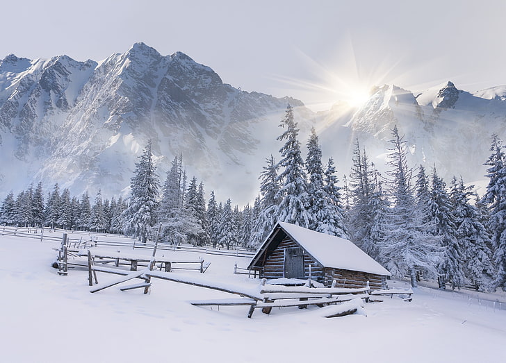 منزل مغطى بالثلج والشتاء والجبال، خلفية HD