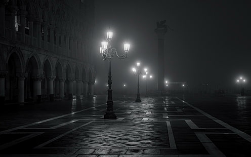 нощ, Венеция, Италия, Европа, улично осветление, градски площад, сграда, архитектура, стара сграда, светлини, монохромен, HD тапет HD wallpaper