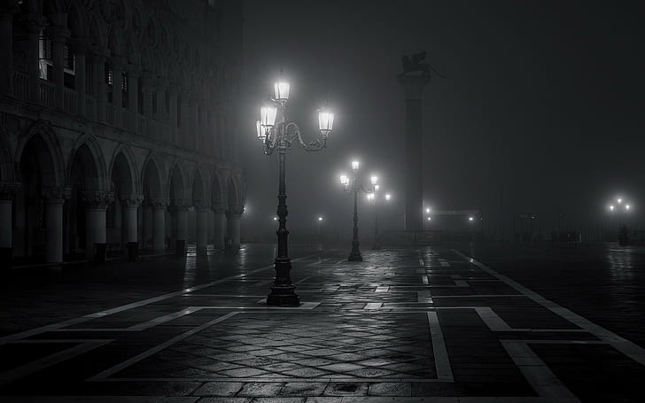 alun-alun kota, malam, bangunan tua, lampu jalan, arsitektur, lampu, Italia, Venesia, Eropa, bangunan, monokrom, Wallpaper HD