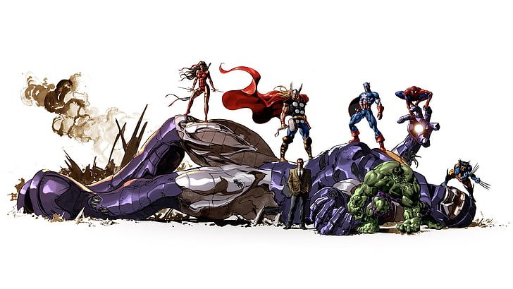 Heróis da Marvel, Marvel Comics, Elektra, Thor, Capitão América, Homem-Aranha, Hulk, Wolverine, Os Vingadores, Norman Osborn, Sentinela, obra de arte, histórias em quadrinhos, HD papel de parede