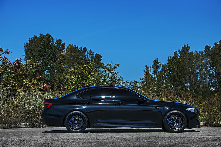 black BMW sedan, black, bmw, profile, drives, blue, f10, wheels.BMW, calipers, HD wallpaper