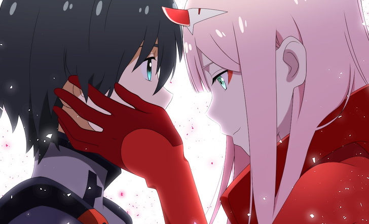 pink haired female anime character holds man's cheeks illustration, Anime, Darling in the FranXX, Hiro (Darling in the FranXX), Zero Two (Darling in the FranXX), HD wallpaper