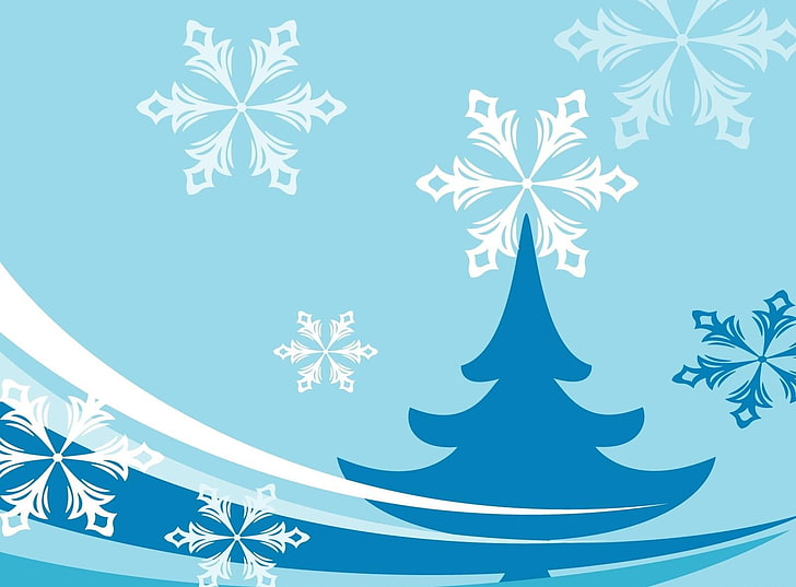 파란색과 흰색 크리스마스 벽지, 크리스마스 트리, 눈송이, 배경, HD 배경 화면