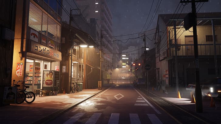 Tokio, calle, gráficos 3D, noche, lluvia, obra de arte, arte digital, Fondo de pantalla HD