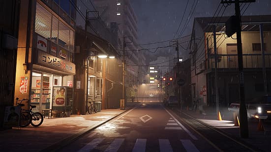 Tokio, calle, gráficos 3D, noche, lluvia, obra de arte, arte digital, Fondo de pantalla HD HD wallpaper