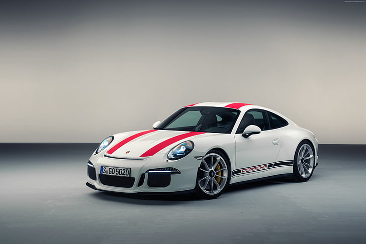 voiture de sport, blanche, Porsche 911 R (991), Salon de Genève 2016, Fond d'écran HD