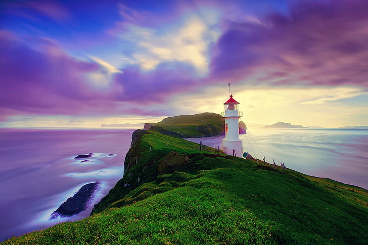 white concrete lighthouse, summer, the sky, clouds, the ocean, lighthouse, island, excerpt, day, Iceland, Faroe Islands, August, Mykines, Faroe archipelago, HD wallpaper