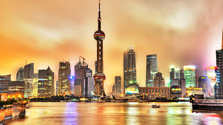 cityscape, city lights, citylights, pudong, skyline, towers, huangpu river, river, shanghai, asia, lights, night, oriental pearl tower, HD wallpaper