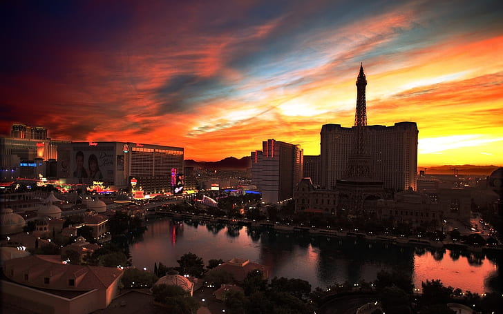 Vista notturna della città, Las Vegas, casinò, edifici, luci, tramonto, cielo rosso, Città, notte, vista, Las, Vegas, casinò, edifici, luci, tramonto, rosso, cielo, Sfondo HD