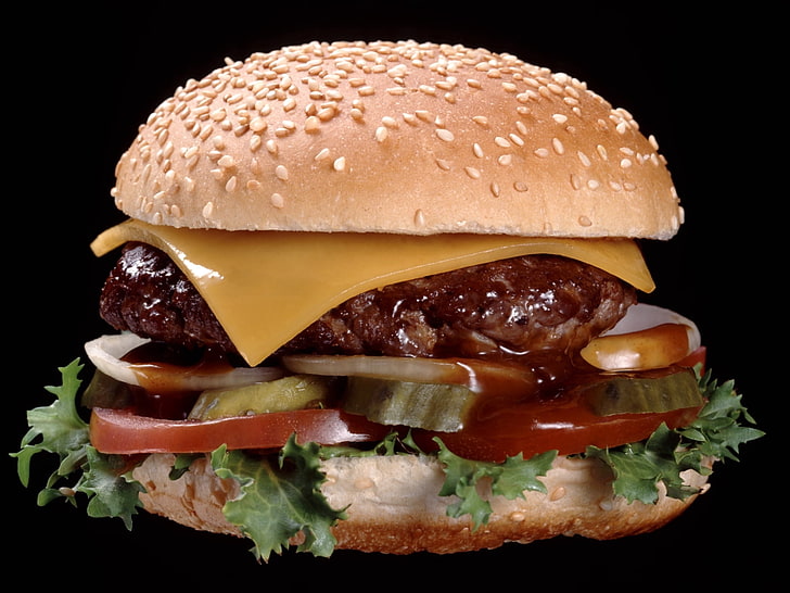 burger with tomatoes, lettuce, cheese, and onions, burger, meat, bun, food, HD wallpaper