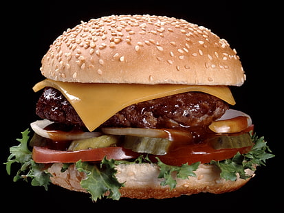 토마토, 양상추, 치즈, 양파, 햄버거, 고기, 빵, 음식이 든 햄버거, HD 배경 화면 HD wallpaper