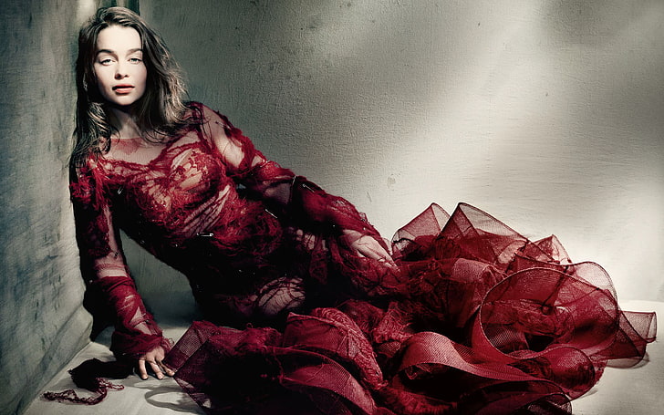 Emilia Clarke 4K, vestido de mangas compridas floral vermelho feminino, celebridades femininas, Emilia Clarke, atriz, hollywood, HD papel de parede