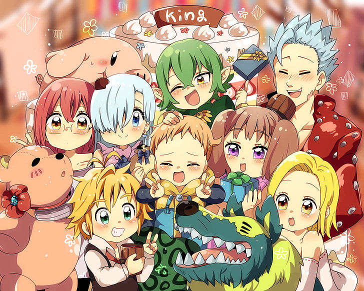 anime characters illustration, Anime, The Seven Deadly Sins, Ban (The Seven Deadly Sins), Diane (The Seven Deadly Sins), Elaine (The Seven Deadly Sins), Elizabeth Liones, King (The Seven Deadly Sins), Meliodas (The Seven Deadly Sins), HD wallpaper