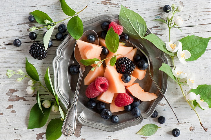 Fruit, BlackBerry, Plate, Food, Raspberry, Melon, Blueberries, HD wallpaper