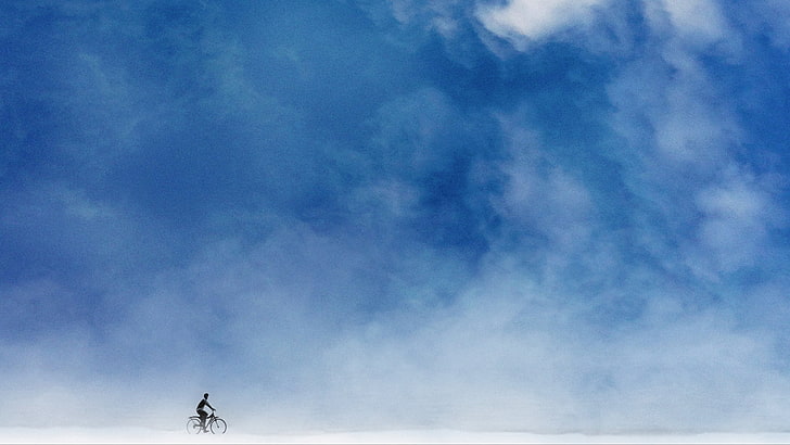 :-), bycicle, blue, cloud, sergey fett, minimalism, white, silhouette, HD wallpaper