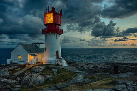 white lighthouse, photography, lighthouse, sea, HD wallpaper HD wallpaper