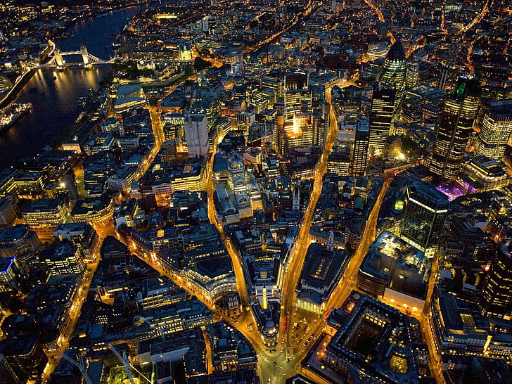 aerial, england, landscapes, london, nature, night, view, HD wallpaper