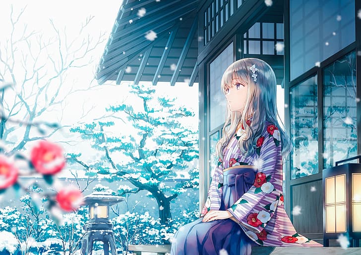 anime girls, Hiten, snö, vinter, träd, tittar bort, kimono, grått hår, lila ögon, blommor, blomma i håret, långt hår, händer i kors, asiatisk arkitektur, profil, HD tapet