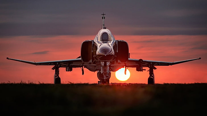 фотография реактивного самолета на рассвете, реактивный истребитель, F-4, F-4 Phantom II, самолеты, военный самолет, транспортное средство, HD обои