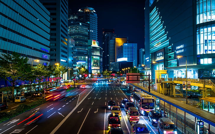 Япония, Осака, Япония, Осака, град, метрополия, улица, булевард, трафик, небостъргачи, осветление, нощно осветление, HD тапет