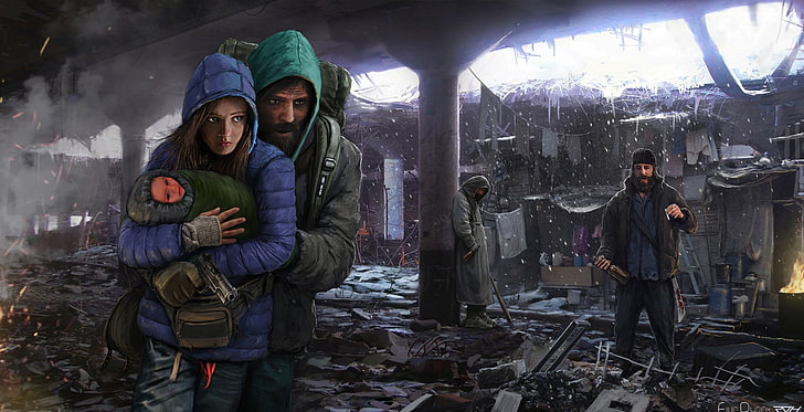 man and woman illustration, apocalyptic, artwork, Viggo Mortensen, The Road, HD wallpaper