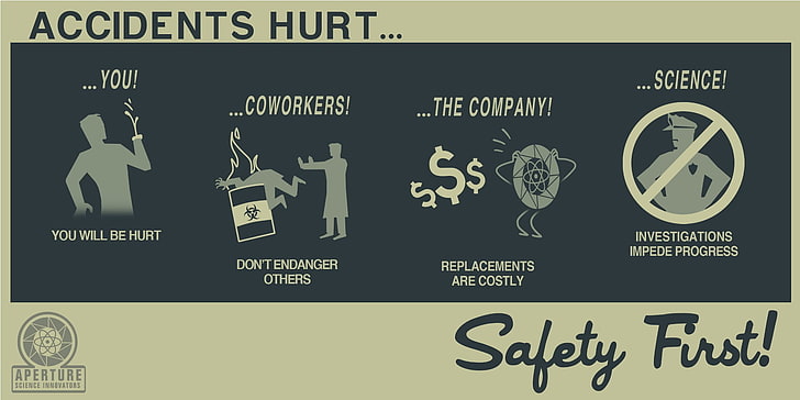 Accidents Hurt safety first advertisement poster, Portal 2, HD wallpaper