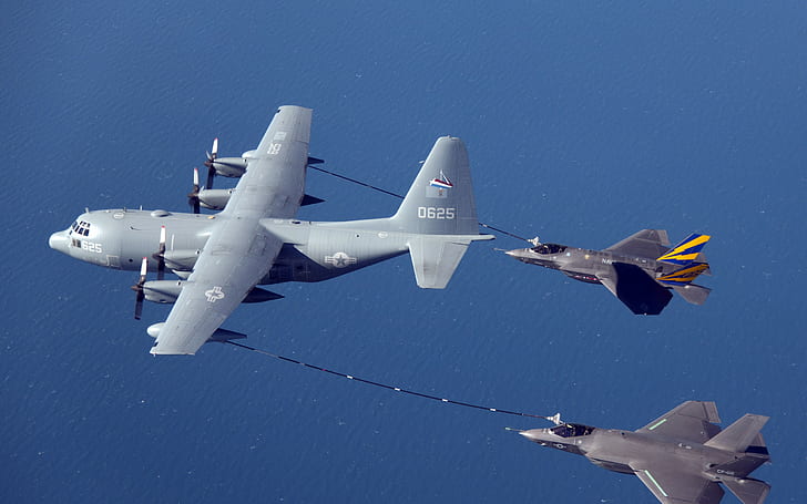 Lockheed Martin F-35 Lightning II, avião militar, avião, caça a jato, Lockheed Martin KC-130, Força Aérea dos EUA, reabastecimento no ar, HD papel de parede