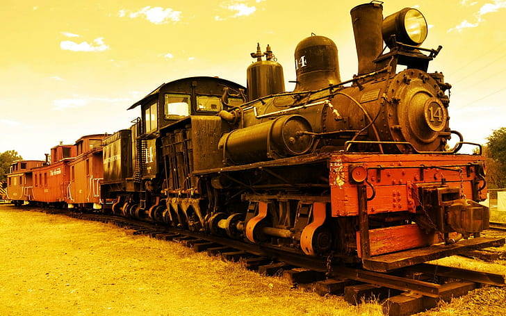 Kereta Api Vintage, kereta api hitam-merah, lokomotif, gerbong, uap, kereta api, mobil, Wallpaper HD