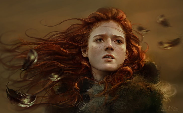 female character wallpaper, redhead, artwork, women, face, Game of Thrones, Ygritte, Rose Leslie, drawing, HD wallpaper