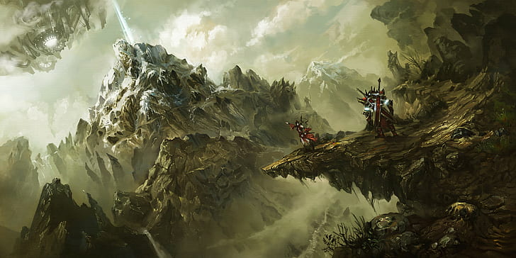 arte de fantasía, montañas, guerrero, espada, Fondo de pantalla HD