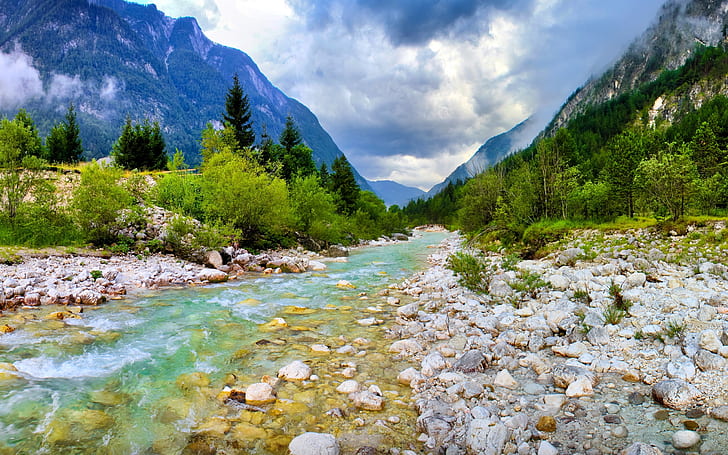 Река Соча Словения Планина Река Мъгла Дърво Облаци Тапети Hd 2560 × 1600, HD тапет