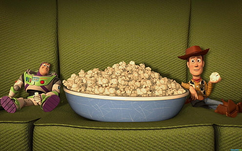 Toy Story, Buzz Lightyear, Popcorn, Woody (Toy Story), HD wallpaper HD wallpaper
