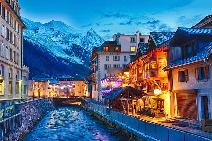 zima, góry, miasto, Francja, dom, wieczór, oświetlenie, kanał, Chamonix-Mont-Blanc, Tapety HD