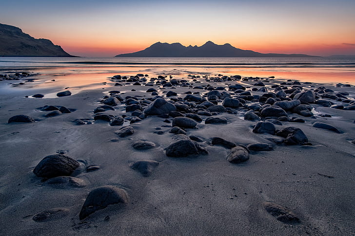 focus photo of grey stones on shore with a view of mountains afar at sunset, Swarm, Explored, focus, photo, shore, view, mountains, afar, sunset, samyang, eigg, scotland, Hebrides, Small-Isles, f2, nature, landscape, beach, outdoors, scenics, sand, sea, HD wallpaper