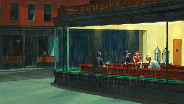 Nighthawks, night, diner, rain, HD wallpaper