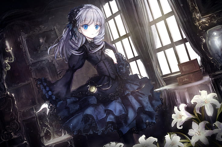 eyes, loli, blue, gothic, white, girl, flowers, hair, Anime, HD wallpaper