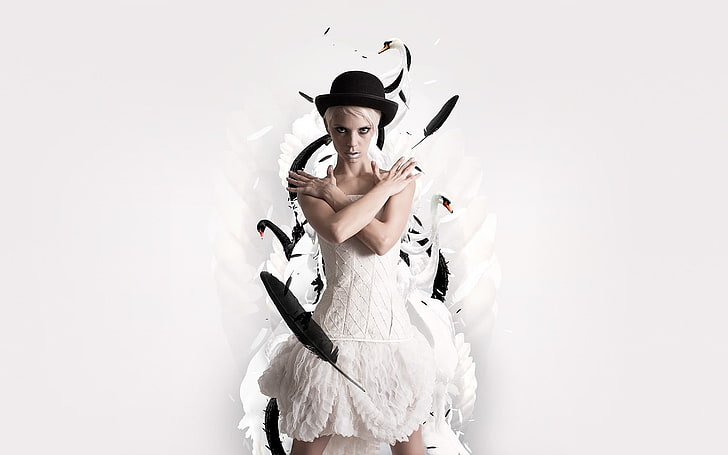 vestido blanco sin tirantes para mujer y sombrero negro, sombrero, plumas, blanco, vestido, Fondo de pantalla HD