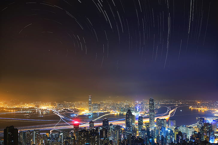 architecture, building, cityscape, Prisca Law, Hong Kong, long exposure, skyscraper, night, stars, city lights, pollution, clear sky, HD wallpaper
