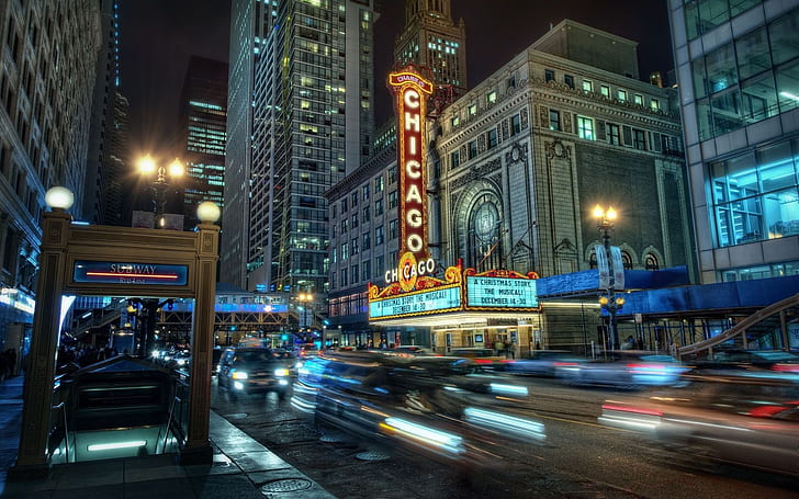 Chicago City Night, Lights, Buildings, HD wallpaper