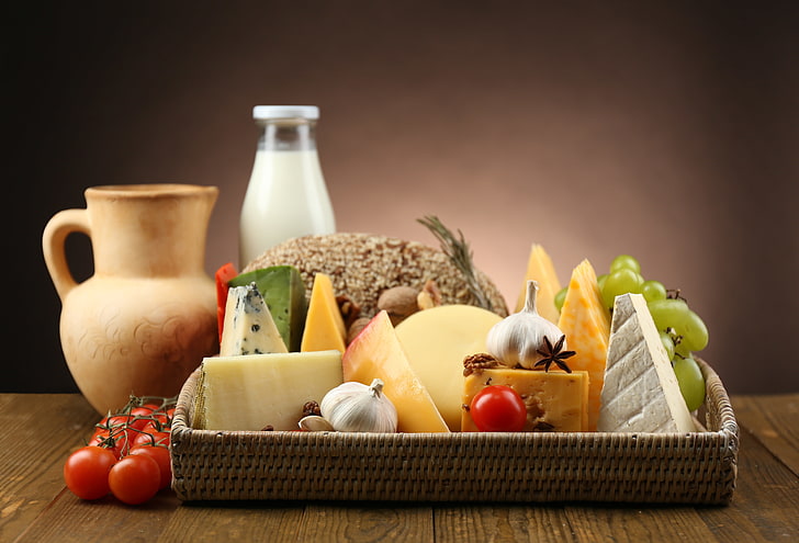 cheese, milk, grapes, pitcher, tomatoes, garlic, star anise, HD wallpaper