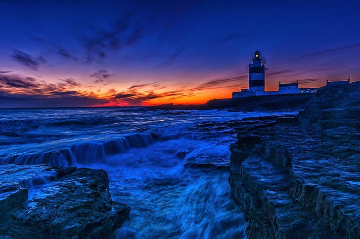 sea, sunset, coast, lighthouse, Ireland, Celtic Sea, County Wexford, Lighthouse Hook Head, Hook Head Lighthouse, Hook Peninsula, Wexford, HD wallpaper