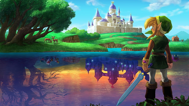 บ้านสีเขียวและสีน้ำเงินใกล้กับภาพวาดสีน้ำ, วิดีโอเกม, The Legend of Zelda, Link, Master Sword, วอลล์เปเปอร์ HD